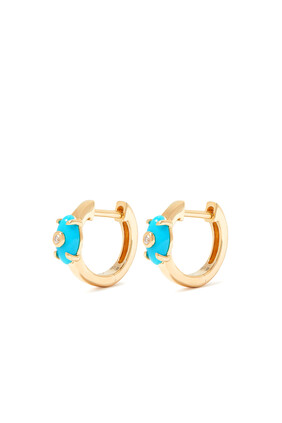 Tiny Carved Stone Huggies, 14K Yellow Gold with Diamond & Turquoise